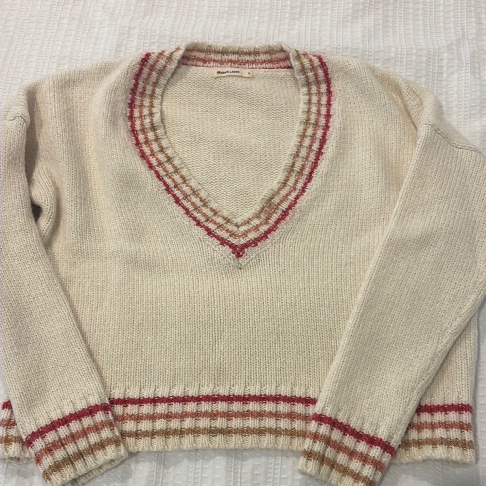 Marine Layer Cream V-Neck Sweater with Pink and Tan Stripes